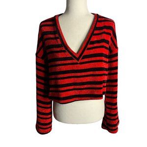 Lush Velour Oversized Cropped Sweater S Red Black Striped Bell Sleeves